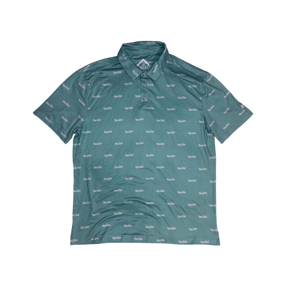 BURLEBO Performance Polo Men Large Teal Rad Dad All Over Print Golf Stretch